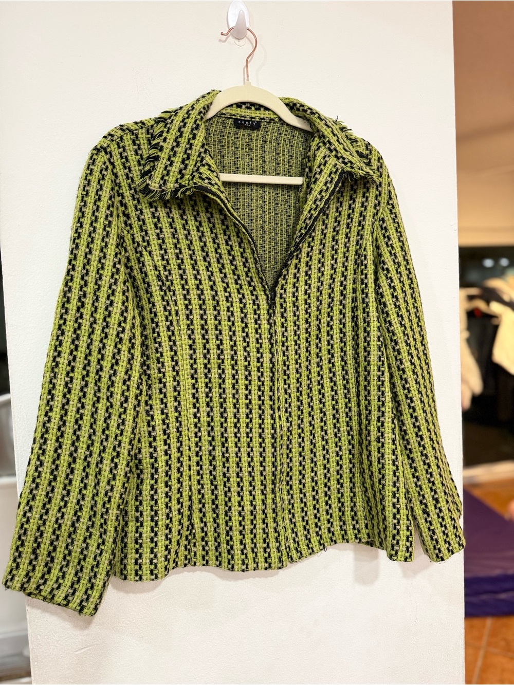 Comfy USA Lime Green & Black Tweed Zip Up Jacket Fringed Lagenlook Artsy Sz M/L